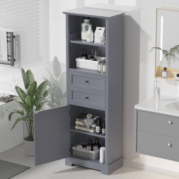 Unbranded 22.24 in. W x 11.8 in. D x 66.14 in. H Gray Linen Cabinet Storage Cabinet with Drawers Open Storage, Adjustable Shelf
