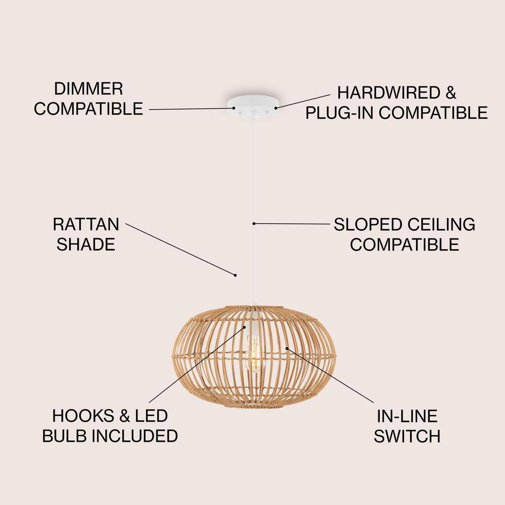 Leo 17.5" Coastal Bohemian Brown Rattan LED Pendant Light