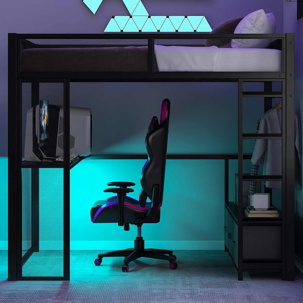 Black Full Size Wood Loft Bed with LED, Desk, Open Wardrobe and 3 Linen Storage Drawers