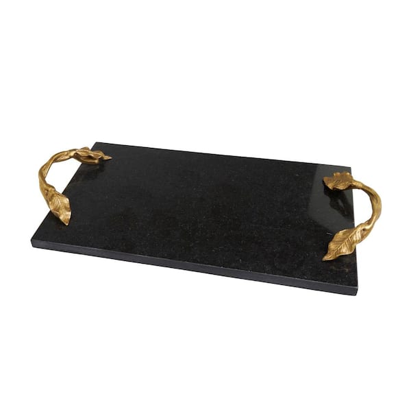 Litton Lane Black Marble Rectangle Decorative Tray with Gold Leaf Handles