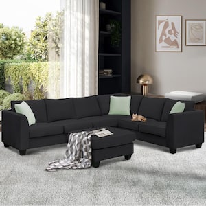 Sofa 112 in. Flared Arm 1-Piece Fabric L-Shaped Sectional Sofa in Black with Ottoman