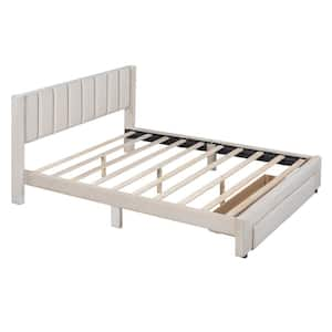 Beige Wood Frame Queen Size Upholstered Platform Bed with a Big Drawer