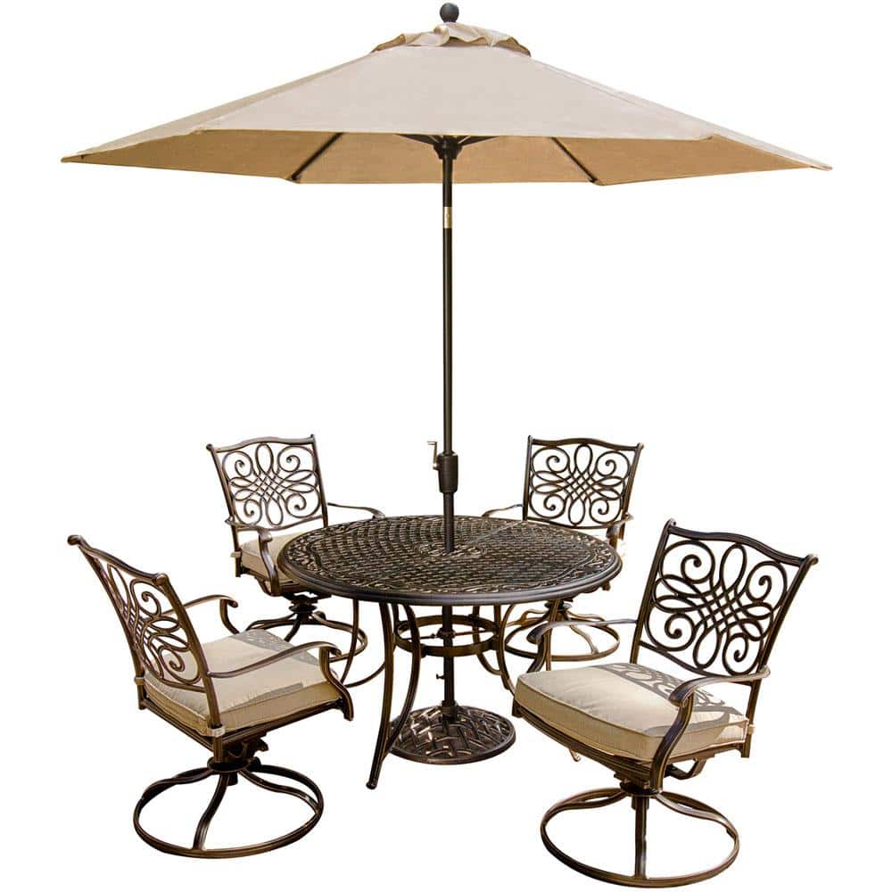 Hanover Traditions 5-Piece Outdoor Patio Dining Set and Umbrella with Natural Oat Cushions -  091037658654