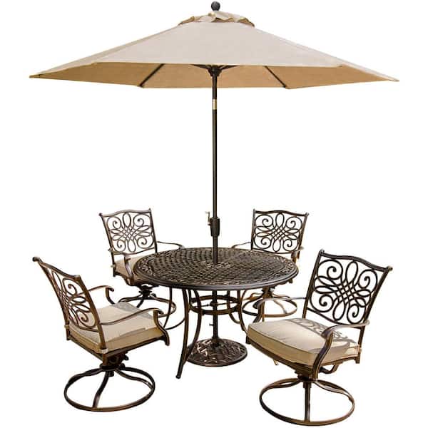 Hanover Traditions 5-Piece Outdoor Patio Dining Set and Umbrella with Natural Oat Cushions