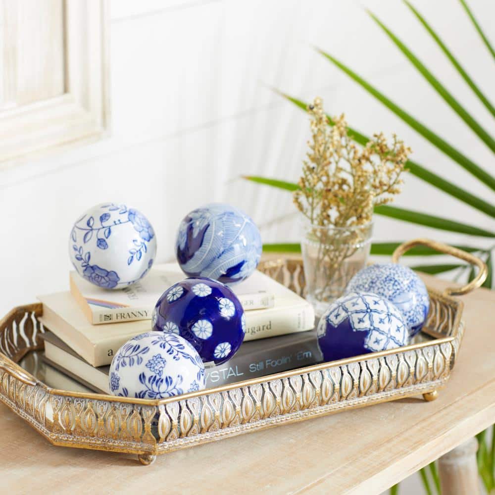 Blue and White Ceramic Floral Pattern Vase Filler Orbs, Set of 6