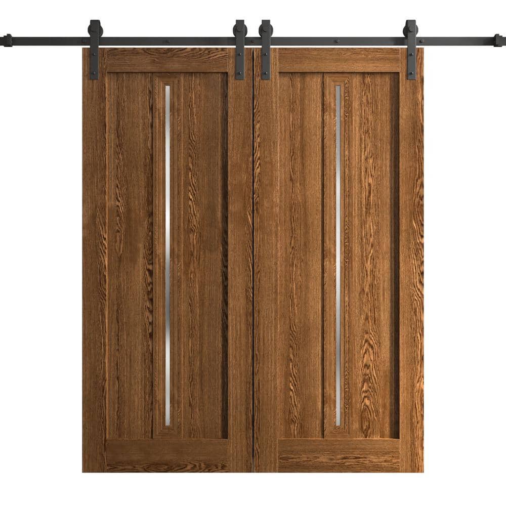 Assemble Required 84 in. x 96 in. Frosted Glass Cognac Oak Solid Wood Double Barn Door Slab With Hardware price history on PriceWatchPro