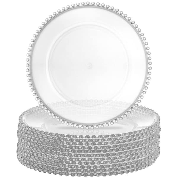 12 Pack Clear Plastic Charger Plates with Bead Rim, 12.6 in. Plastic Round Serving Plates Decor Dinner Plates for Party