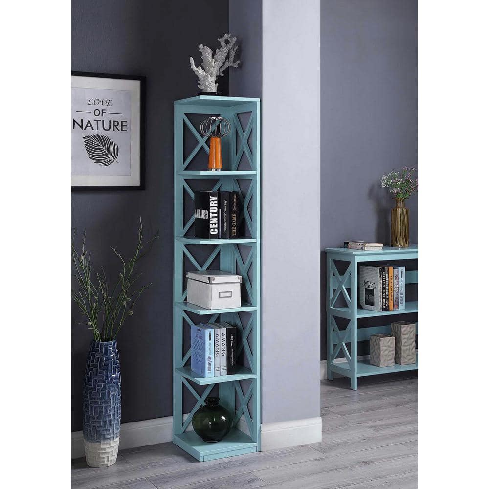 Sea Foam Blue 5-Tier Corner Bookcase with Crossed Design