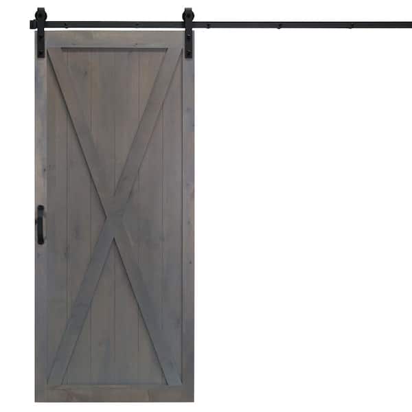 Dogberry Collections 36 in. x 84 in. Classic X Ash Gray Alder Wood Interior Sliding Barn Door Slab with Hardware Kit