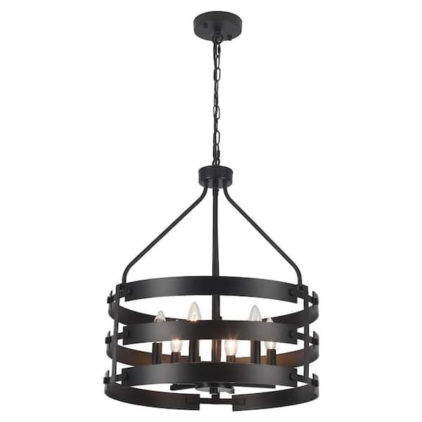 ADSENSTY 6-Light Black Drum Chandelier Industrial Metal Hanging Pendant Light Fixture with Candle Design