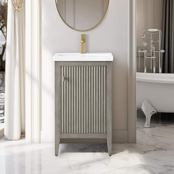 Vanity Art 20 in. W x 15.7 in D x 34 in. H Single Sink Bath Vanity Cabinet in Linear Driftwood Gray with White Ceramic Top