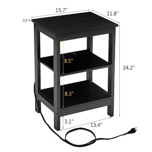 15.7 in. Side Table with USB Charging Ports, 3-Tier Rectangle End Table Black MDF Nightstand for Small Spaces