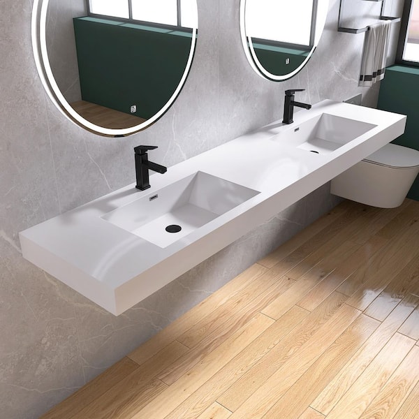 84 in. W x 20 in. D x 7 in. H SMC Composite Bathroom Double Wall-Mount Sink/ Vessel Sink in White with Faucet Hole
