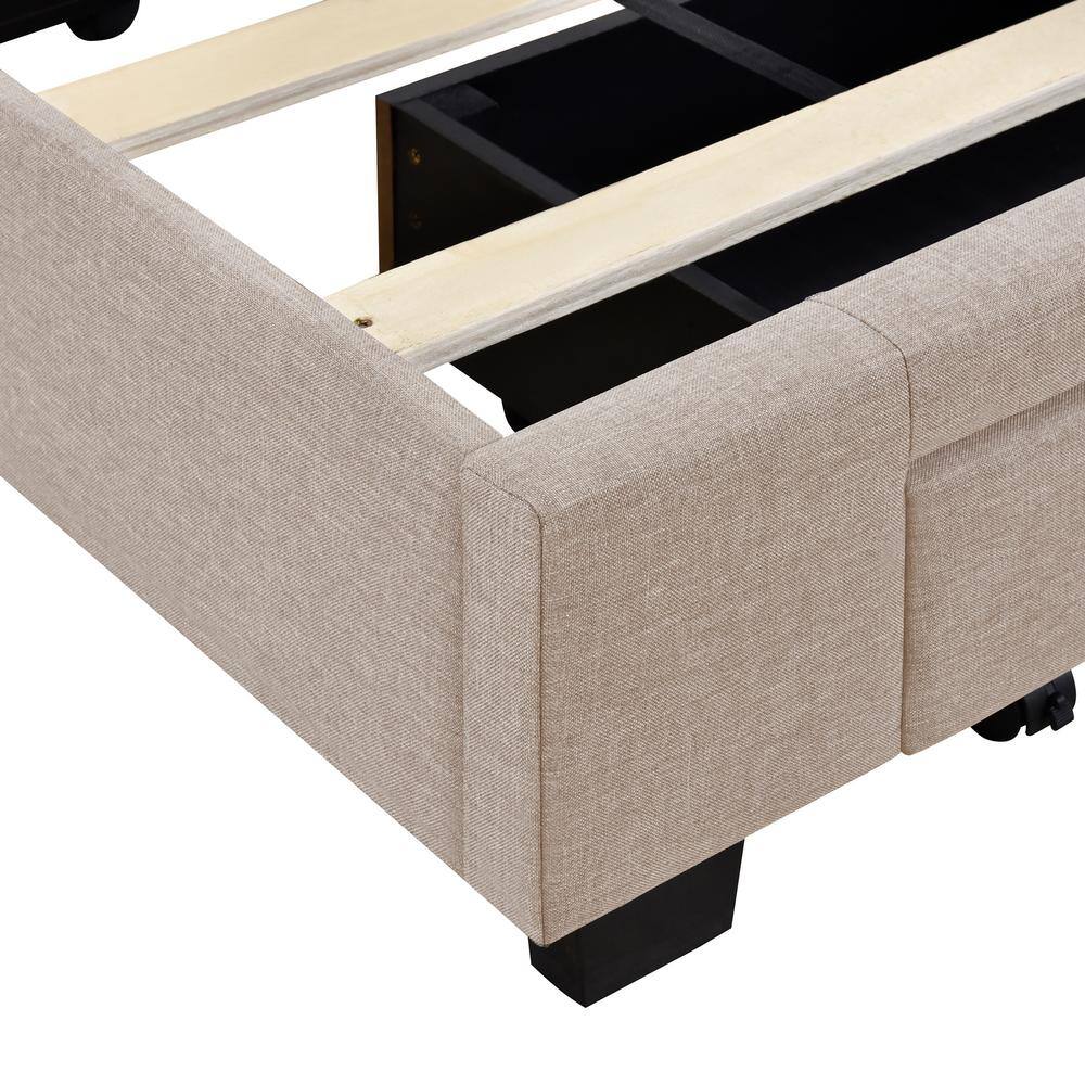 Beige Linen Upholstered Queen Platform Bed with Storage Drawers