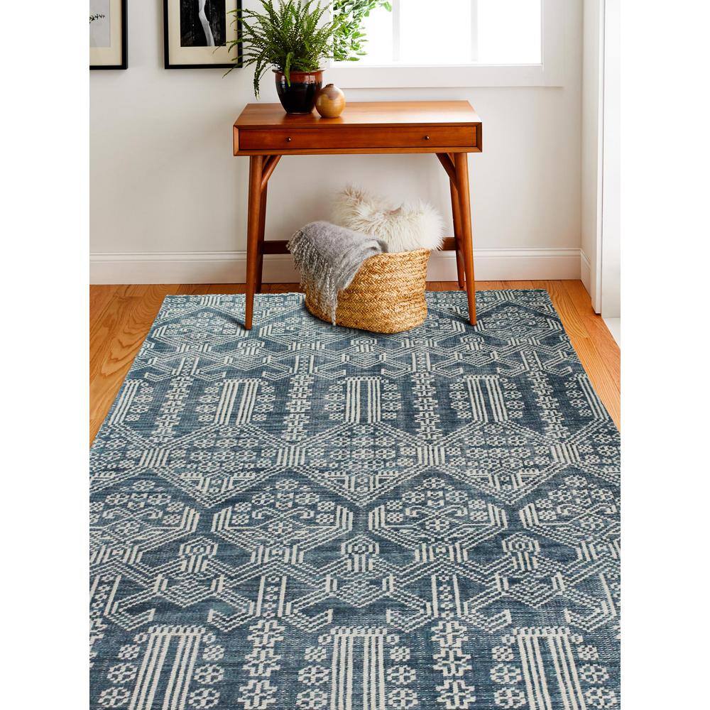 Azure Blue Geometric Wool Rectangular Area Rug 5' x 7'
