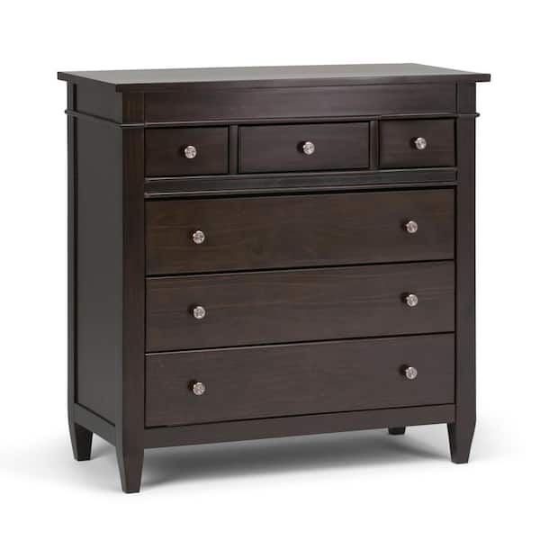 Simpli Home Carlton 6-Drawer Tobacco Brown Solid Wood 36 in. Wide Contemporary Bedroom Chest of Drawers