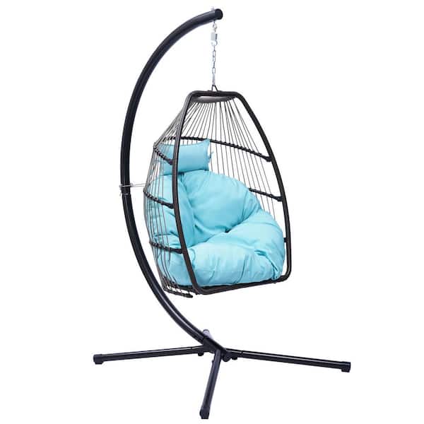 maocao hoom Metal High Quality Outdoor Indoor Wicker Egg Chair with Stand and Blue Cushion