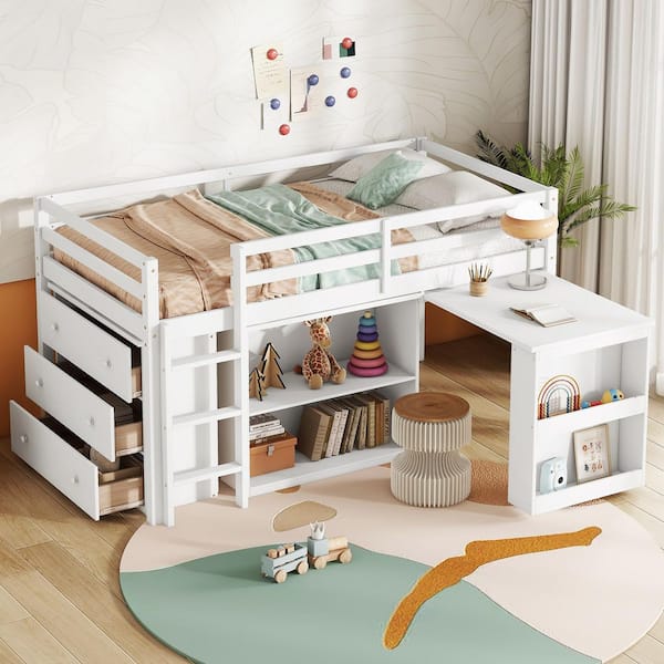 White Twin Wood Loft Bed with Drawer Cabinet and Shelf Cabinet