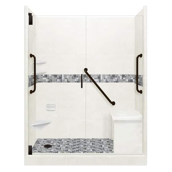 American Bath Factory Newport Freedom Grand Hinged 32 in. x 60 in. x 80 in. Left Drain Alcove Shower Kit in Natural Buff and Black Pipe