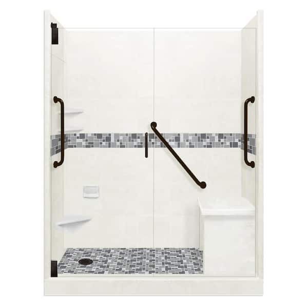 American Bath Factory Newport Freedom Grand Hinged 42 in. x 60 in. x 80 in. Left Drain Alcove Shower Kit in Natural Buff and Black Pipe