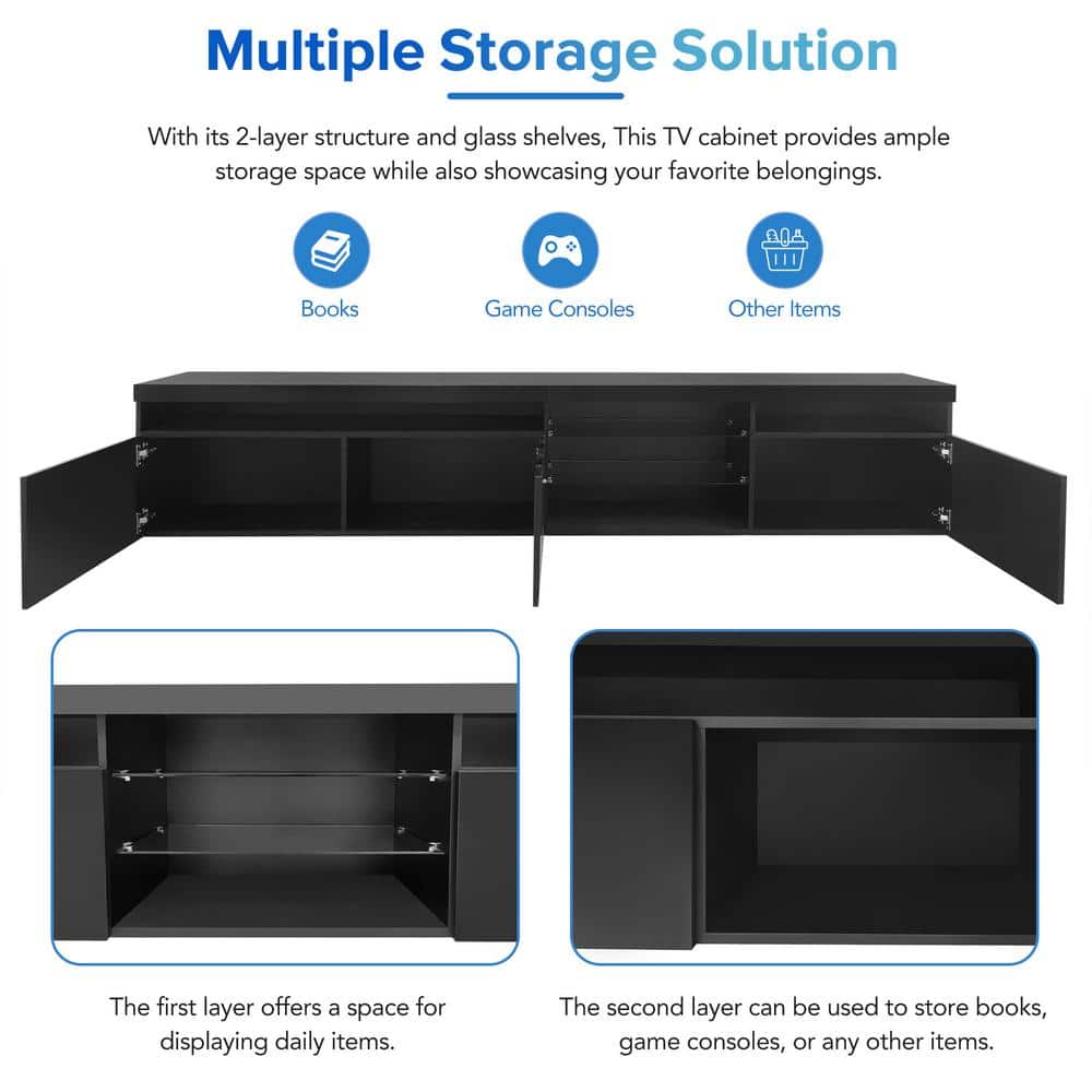 Black 94.5" TV Stand with LED Lights and Cabinets