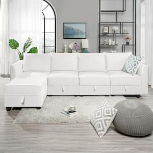 Contemporary 4-Seater Upholstered Sectional Sofa with Ottoman - White Down Linen