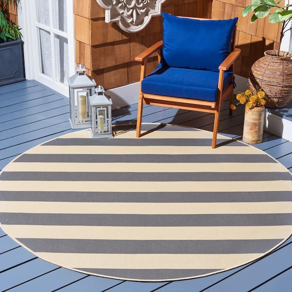 Courtyard Beige/Gray 7 ft. Round Awning Stripe Indoor/Outdoor Area Rug