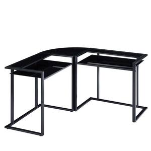 56 in. Black Home Office L-Shaped Round Corner Glass Computer Desk with Shelf