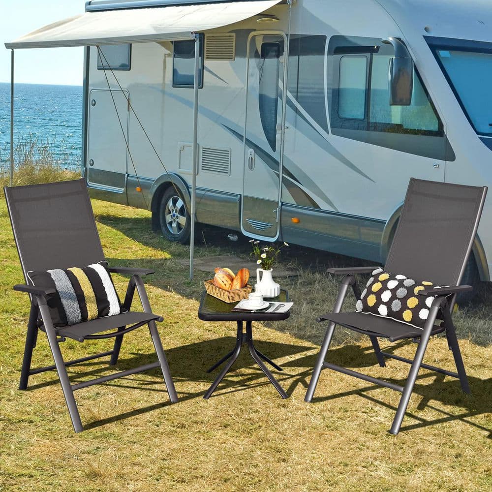 Gray Aluminum Folding Dining Chairs with Adjustable Reclining Backrest, Set of 2