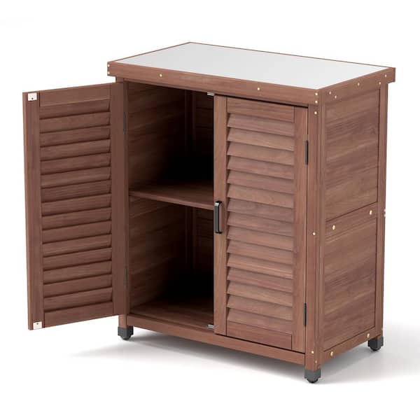 31.5 in. W x 17 in. D x 36 in. H Brown Wood Indoor Outdoor Storage Cabinet, Potting Bench Table with Metal Top