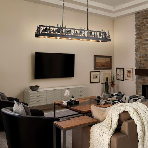 JUSHENG 6-Light Black Farmhouse Linear Chandelier Ambient Rustic