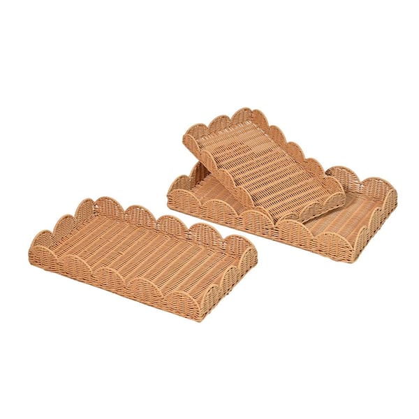 Parker Southwestern Cottage Resin Scalloped Rectangular Decorative Serving Trays, Brown (Set of 3)