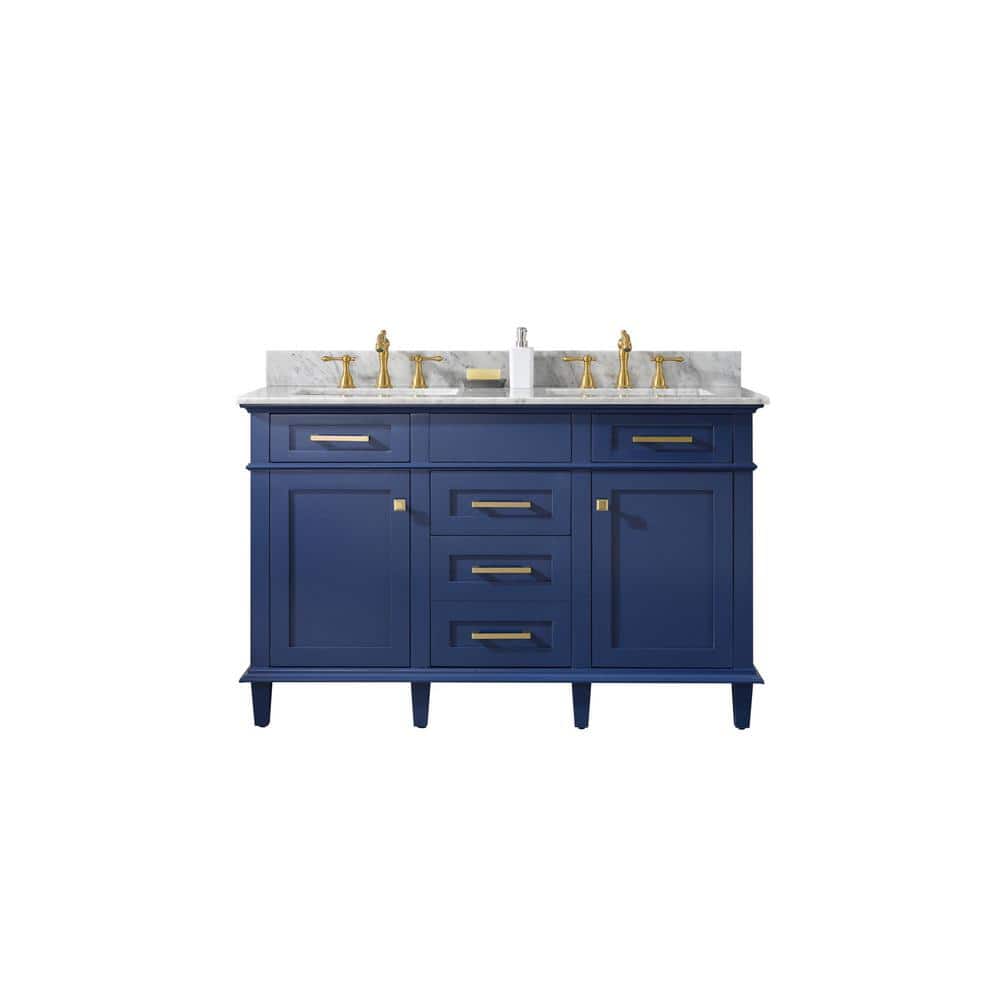 54 in. Navy Blue Double Sink Vanity with Carrara White Marble Top