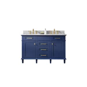 54 in. W x 22 in. D Vanity in Blue with Marble Vanity Top in White with White Basin with Backsplash