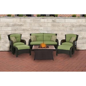 Strathmere 6-Piece Woven Patio Seating Set with Tile-Top Fire Pit and Cilantro Green Cushions