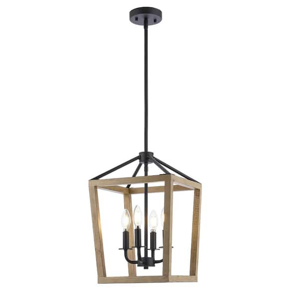 SAFAVIEH Valdis 4-Watt 4-Light Black Pendant Light with Wood Shade