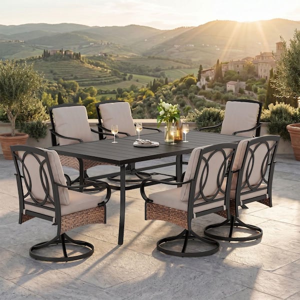7-Piece Metal Outdoor Dining Set with Wicker Swivel Chairs with Beige Cushions