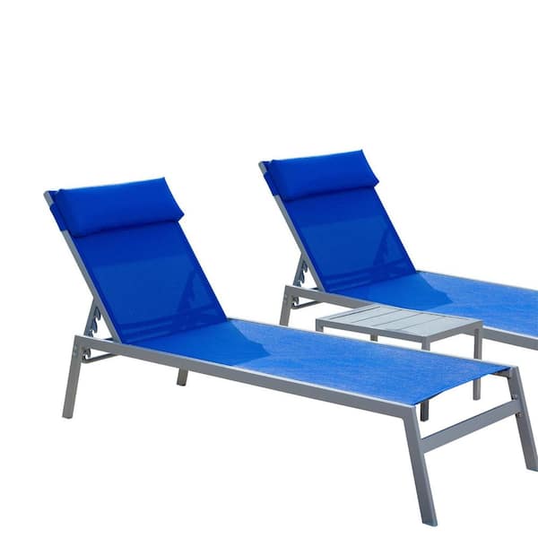Unbranded 3-Pieces Steel Outdoor Patio Chaise Lounge Set with Headrest, Blue