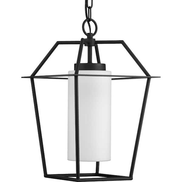 Progress Lighting Chilton Collection 1-Light New Traditional Textured Black Etched Opal Glass Outdoor Hanging Light