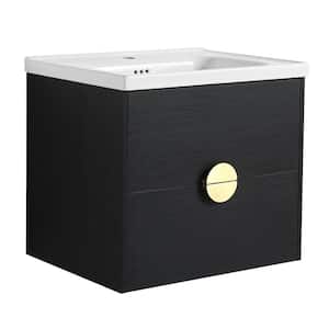 Victoria 24 in. W x 19 in. D x 21 in. H Floating Single Sink Bath Vanity with Ceramic in White and Cabinet in Black Top