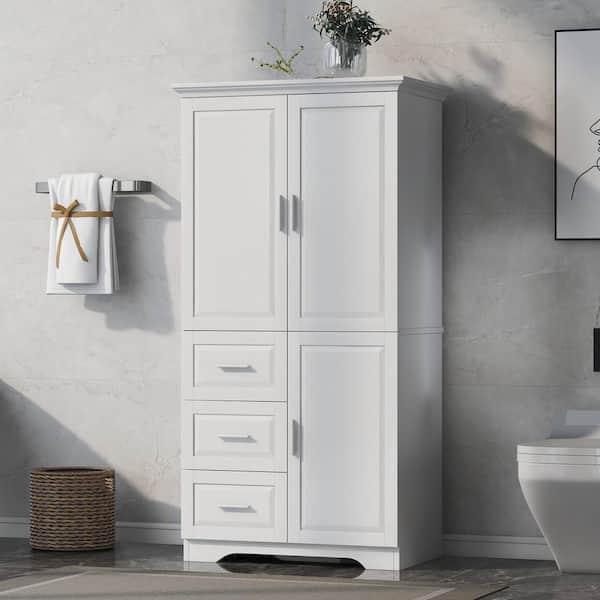 White 62.2 in. H Accent Cabinet with Doors and 3 Drawers for Bathroom, Living Room