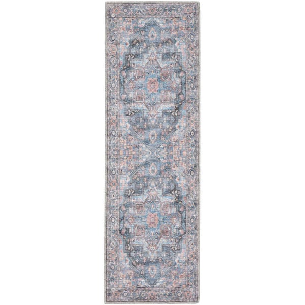 57 GRAND BY NICOLE CURTIS 57 Grand Machine Washable Light Blue Multi 2 ft. x 6 ft. Floral Traditional Kitchen Runner Area Rug
