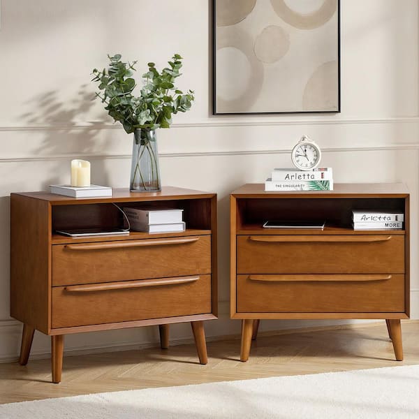 Leslie Mid-Century Modern Acorn 2-Drawer Nightstand with Built-In Outlets (Set of 2)