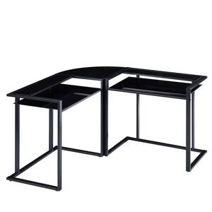 56.7 in. L-Shaped Black Glass Corner Computer Desk for Home Office with Shelves