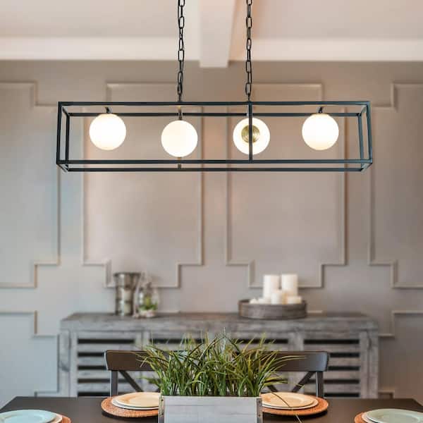 ALOA DECOR 39 in. 4-Lights Modern Industrial Linear Rectangular Chandelier in Matte Black with Globe Glass Shade for Kitchen Island