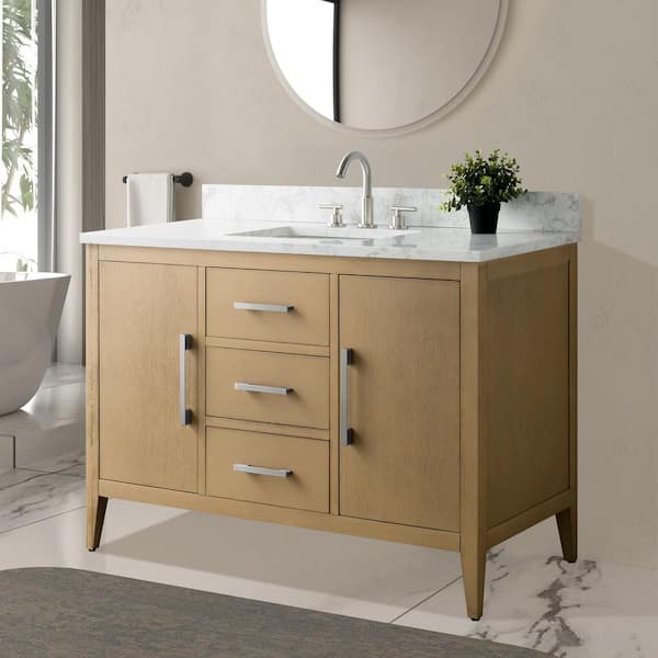 48 in. W. x 22 in. D x 34 in. H Single Sink Bathroom Vanity Cabinet in Natural Oak with Engineered Marble Top in White