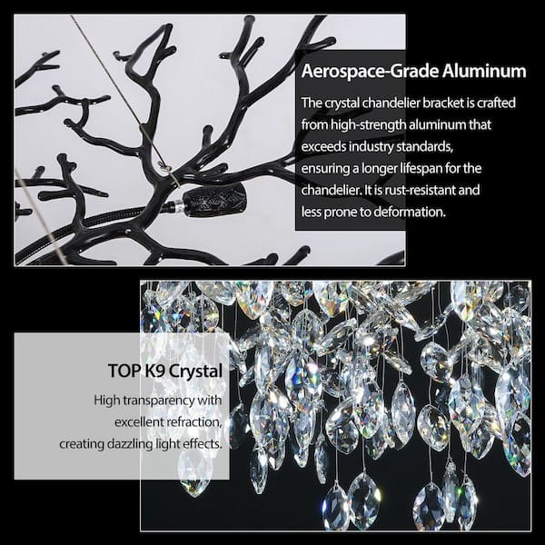 PUYRNF 30 in. 10-Light Black Tree Branch Chandelier, K9 Crystal