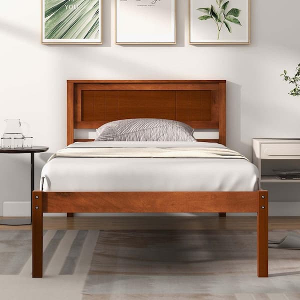 Costway Brown Walnut Wood Frame Twin Size Platform Bed Frame