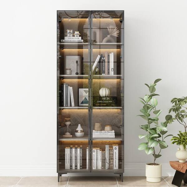 FUFU&GAGA 72.4 in. Tall Grey Wood 5-Shelf Accent Bookcase