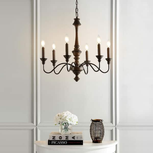 Jonathan Y 6-Light Wood Finished/Oil Rubbed Bronze Oakley 25 in. Midcentury Farmhouse Iron LED Chandelier